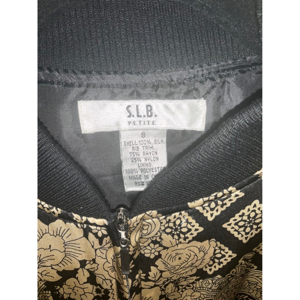 SLB Petite 100% Silk Bomber Jacket Gold Black Paisley Floral Print Small - Picture 3 of 4